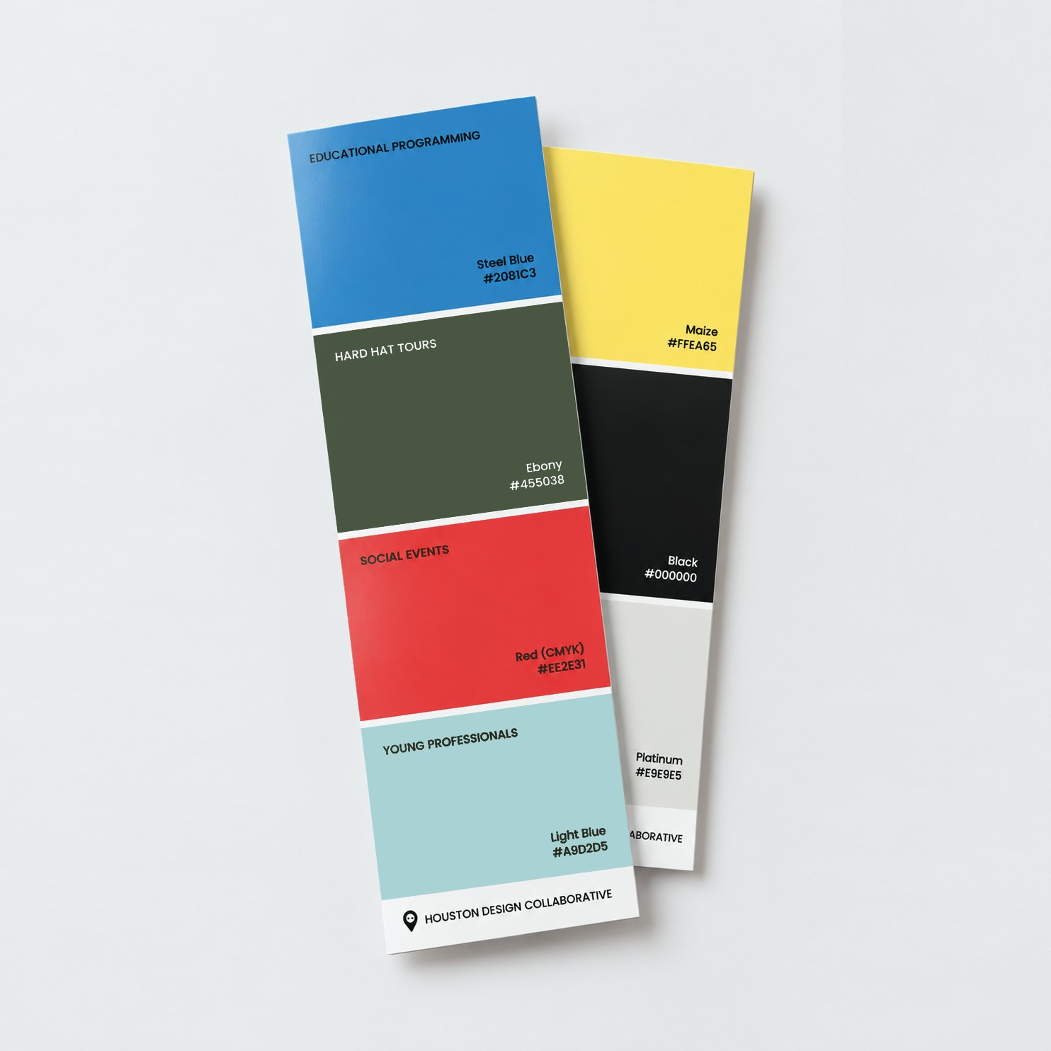 Houston Design Collaborative color palette swatches: Steel Blue, Ebony, Red, Light Blue, Maize, Black, and Platinum.