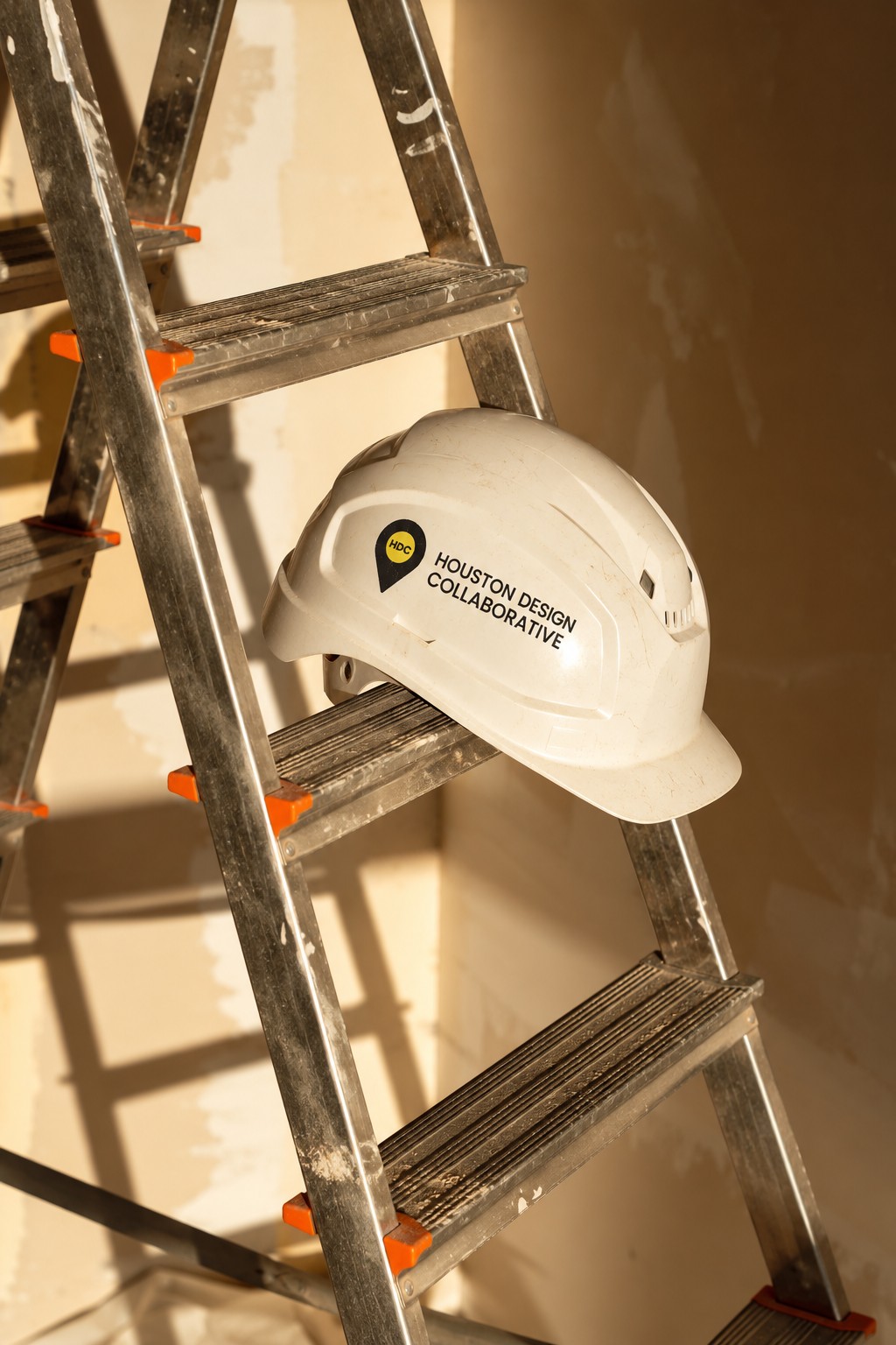A Houston Design Collaborative branded hard hat resting on a ladder.