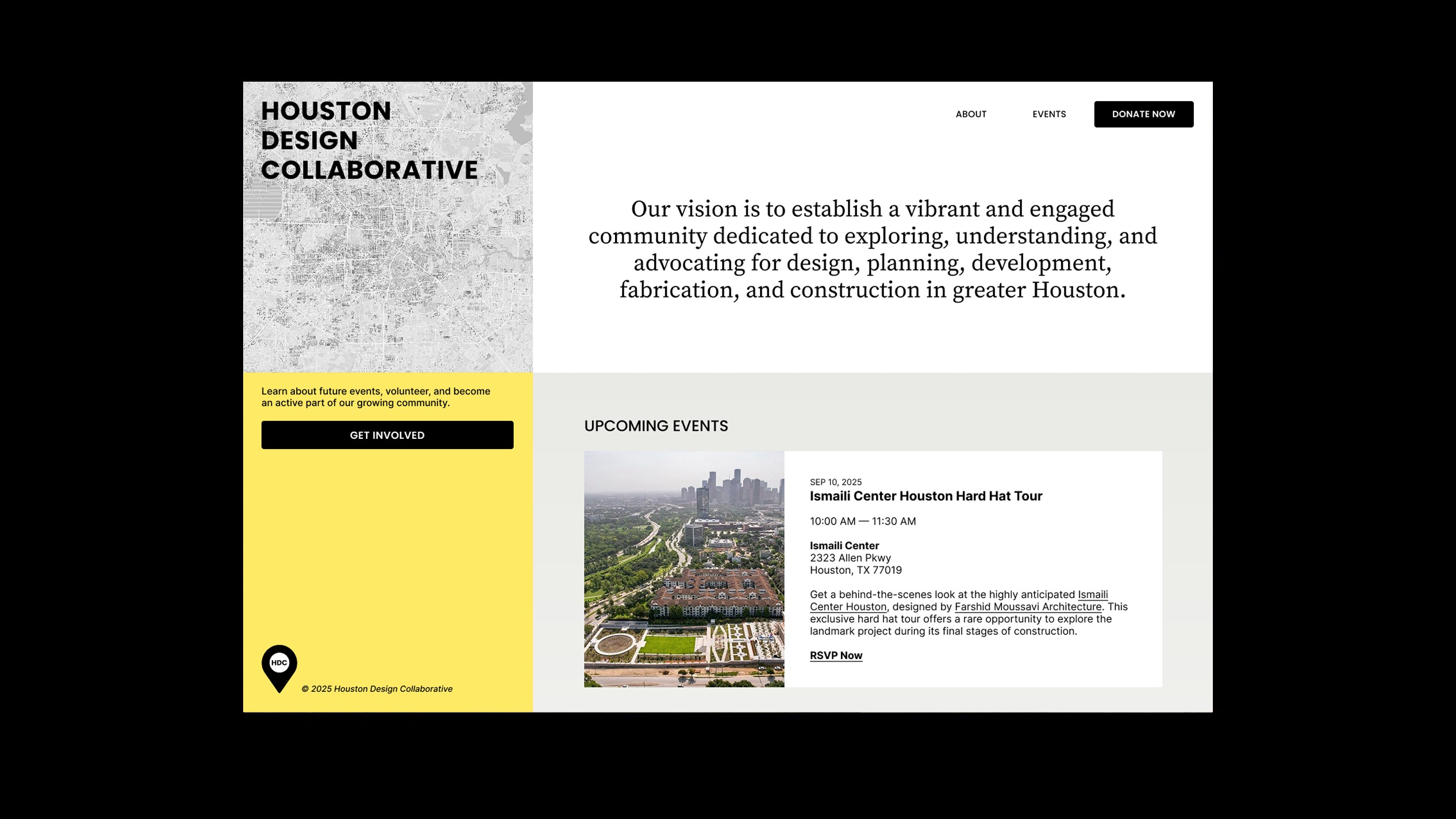 Houston Design Collaborative homepage design: a grayscale Houston map beside the mission statement, with an upcoming hard hat tour listed below.