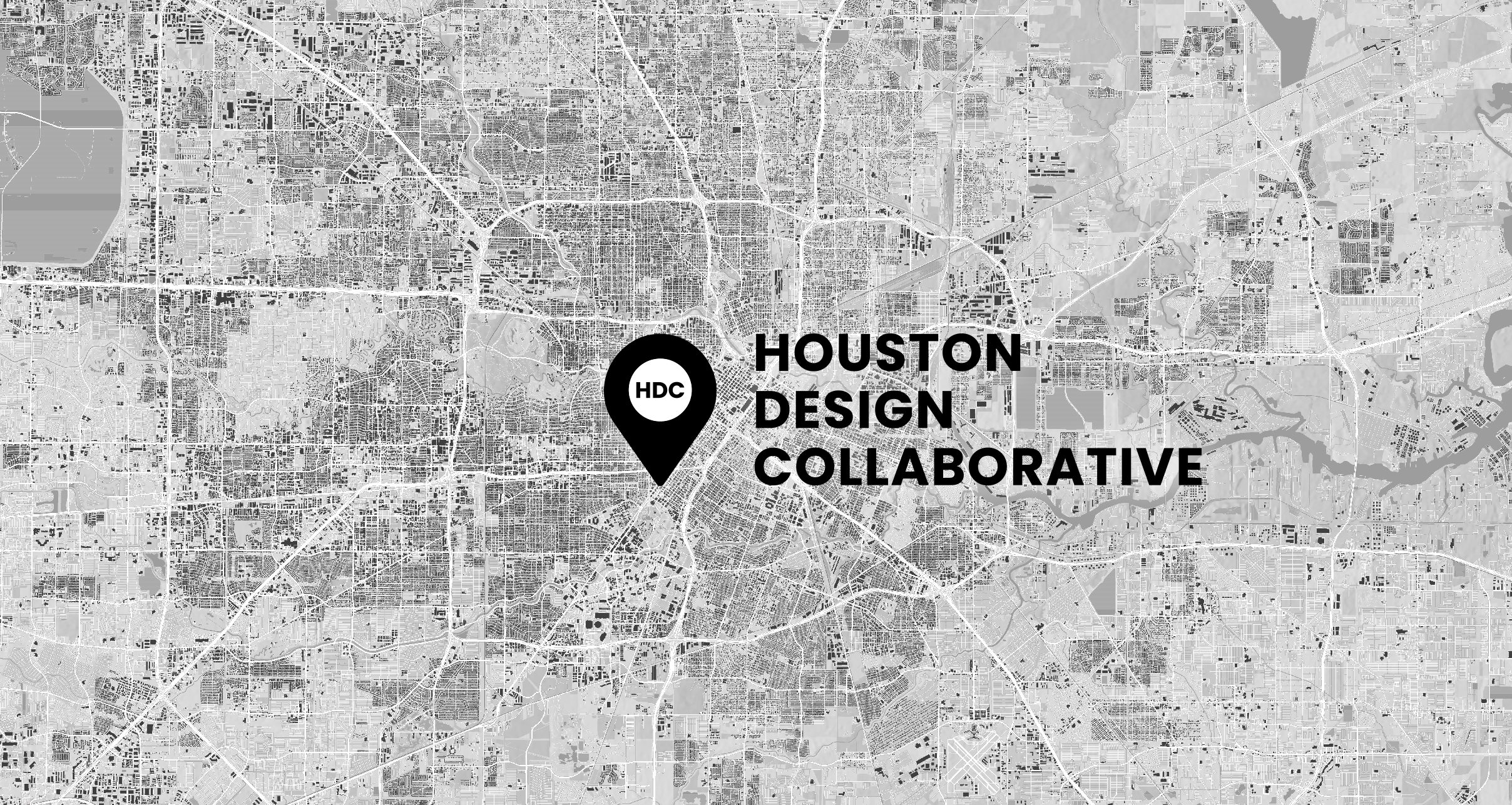 A grayscale map of Houston with the Houston Design Collaborative location pin and wordmark.