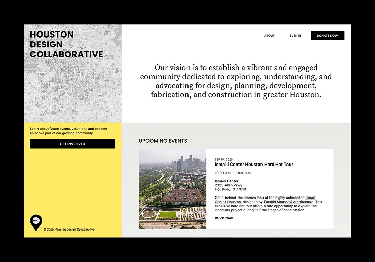 Houston Design Collaborative homepage design: a grayscale Houston map beside the mission statement, with an upcoming hard hat tour listed below.