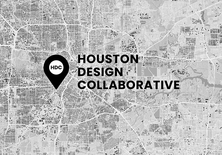 A grayscale map of Houston with the Houston Design Collaborative location pin and wordmark.