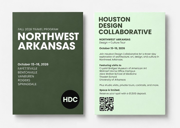 Houston Design Collaborative Northwest Arkansas travel program poster paired with an event details card, for the October 15&ndash;18, 2026 trip.
