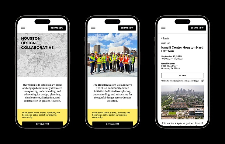 Three mobile screens from the Houston Design Collaborative website: the homepage, a hard hat tour photo, and an event detail page.