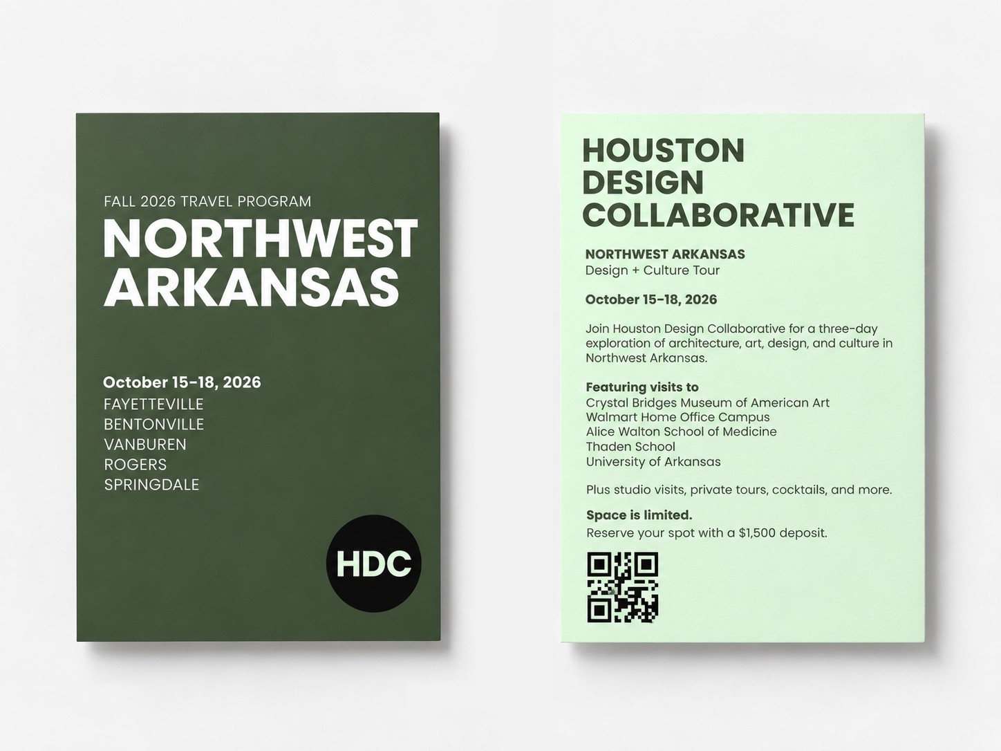 Two Houston Design Collaborative Northwest Arkansas travel program posters, listing the October 2026 itinerary and participating cities.