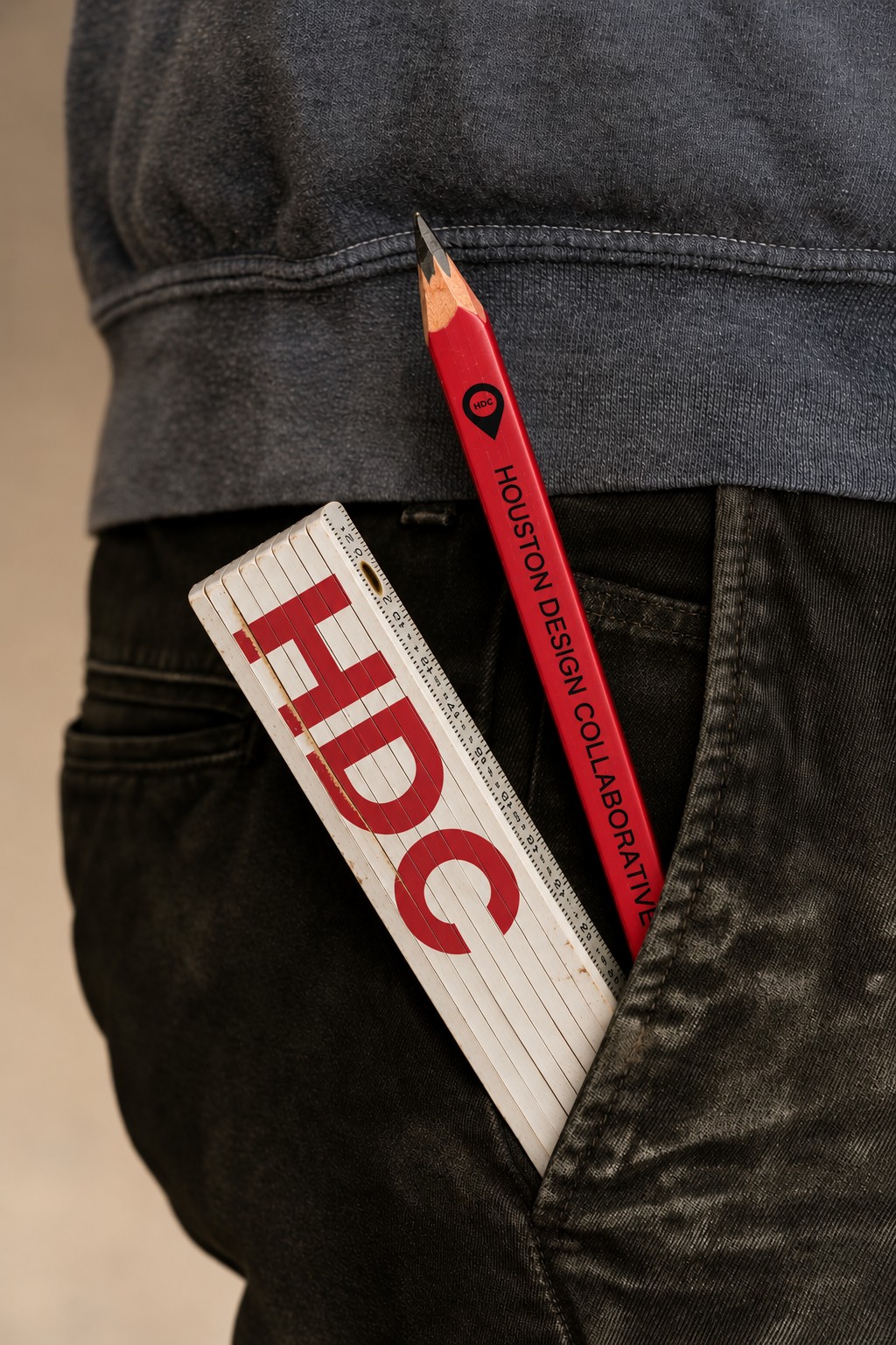 A Houston Design Collaborative branded pencil and folding ruler tucked into a back pocket.