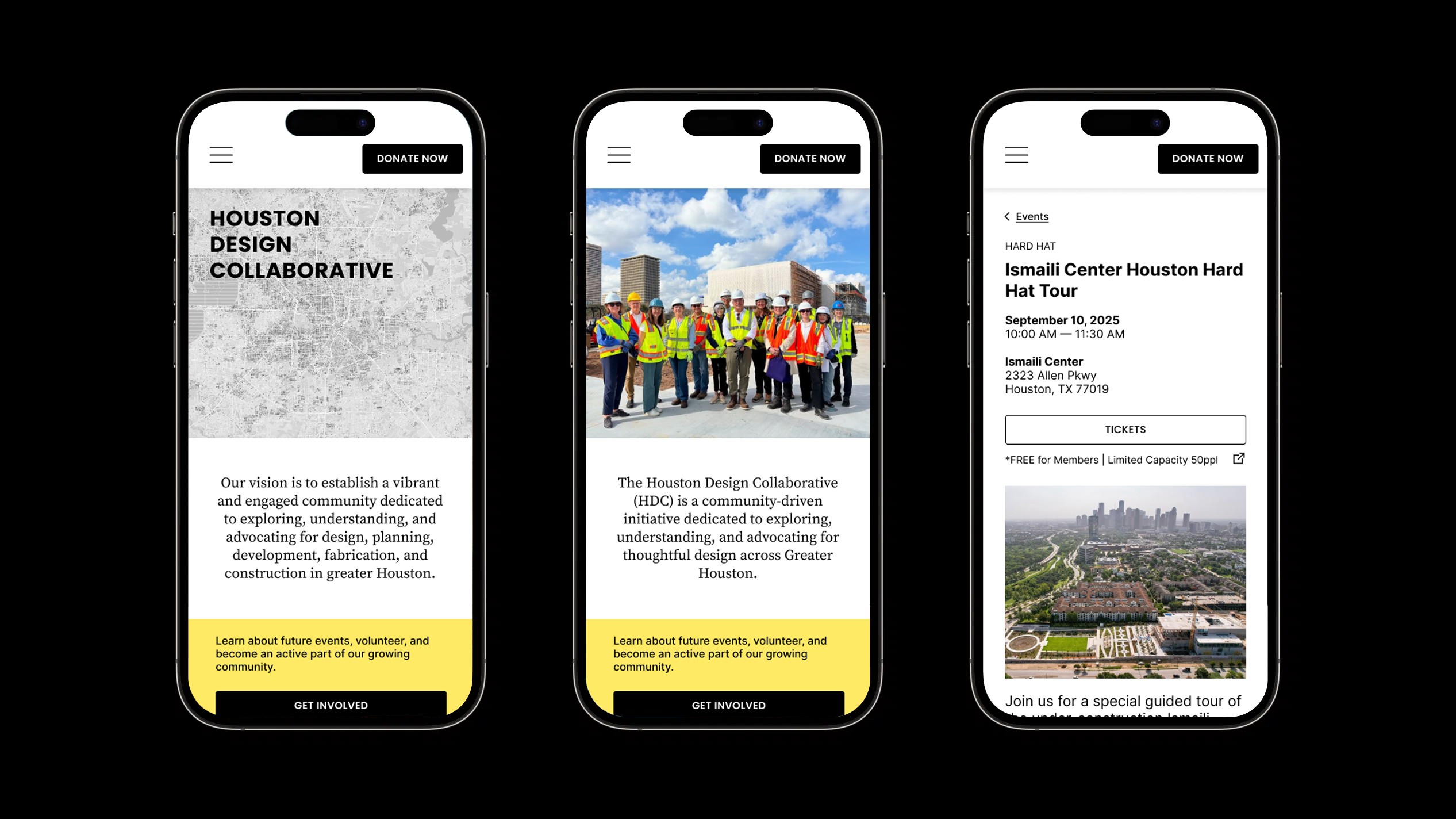 Three mobile screens from the Houston Design Collaborative website: the homepage, a hard hat tour photo, and an event detail page.