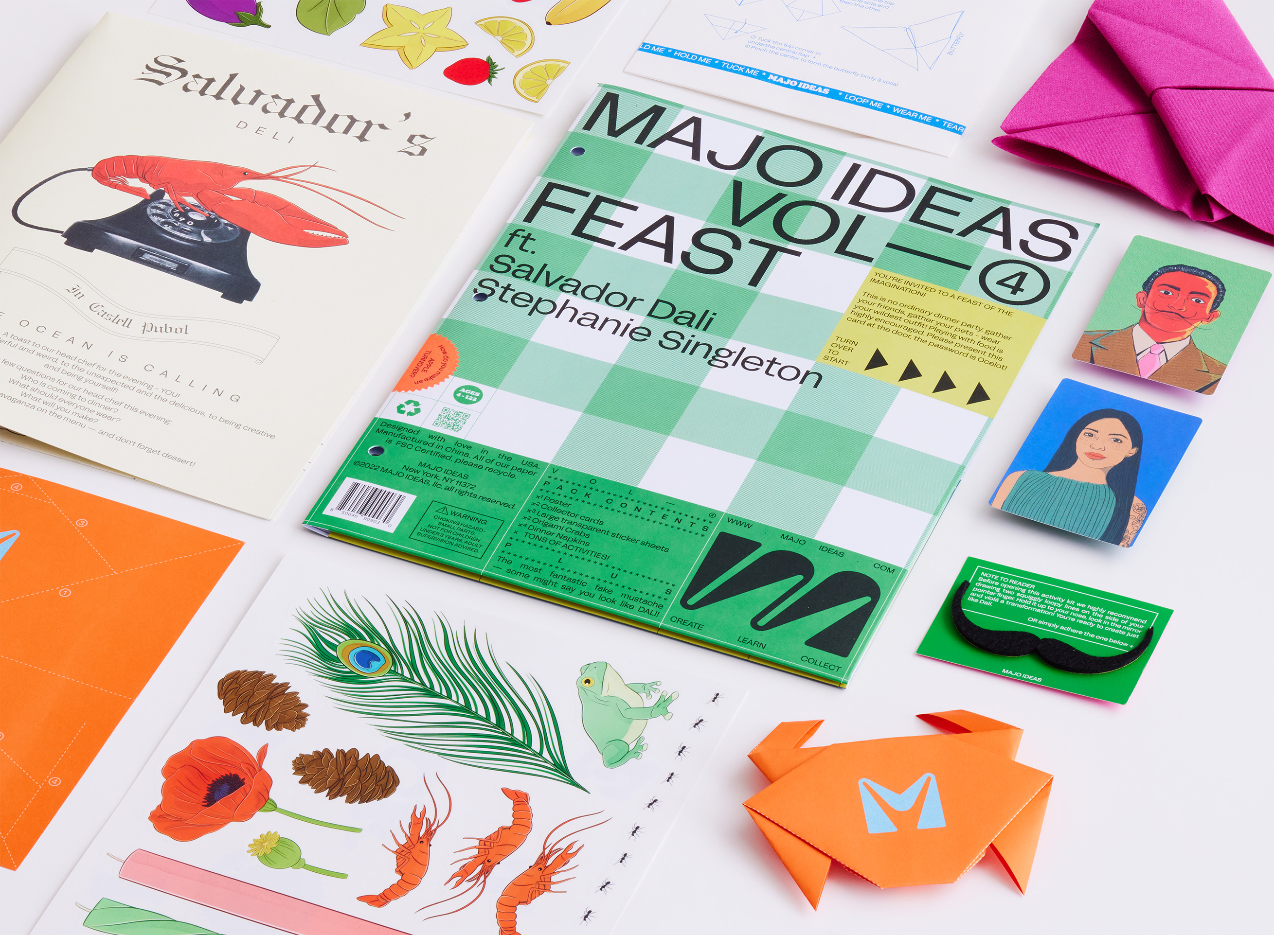 Majo Ideas Vol. 4: Feast pack, open, with paper craft activities and illustrated food stickers.