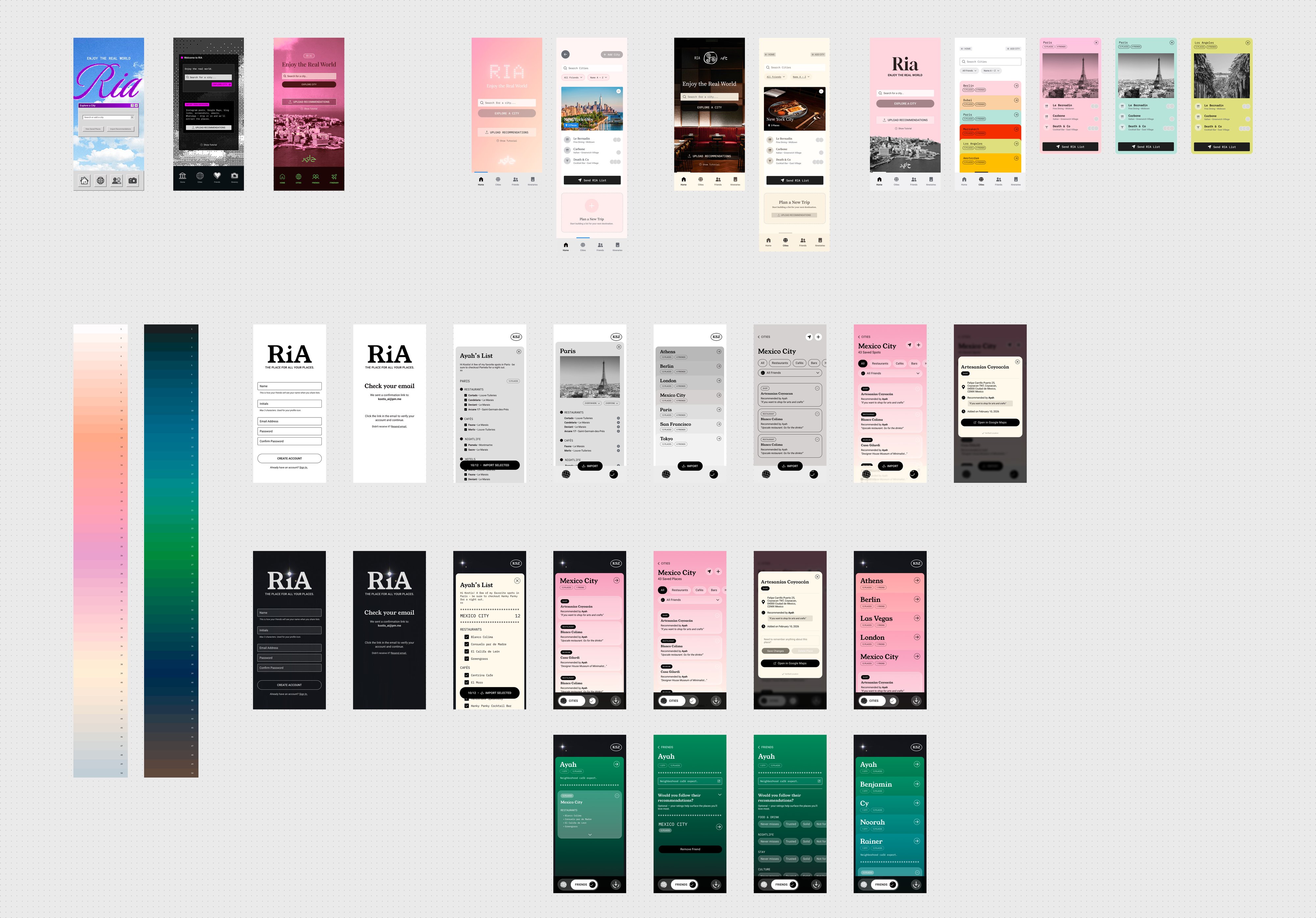 Board of RIA screen design iterations, from early splash-screen explorations through the final city list, import, and friend-trust-rating screens.