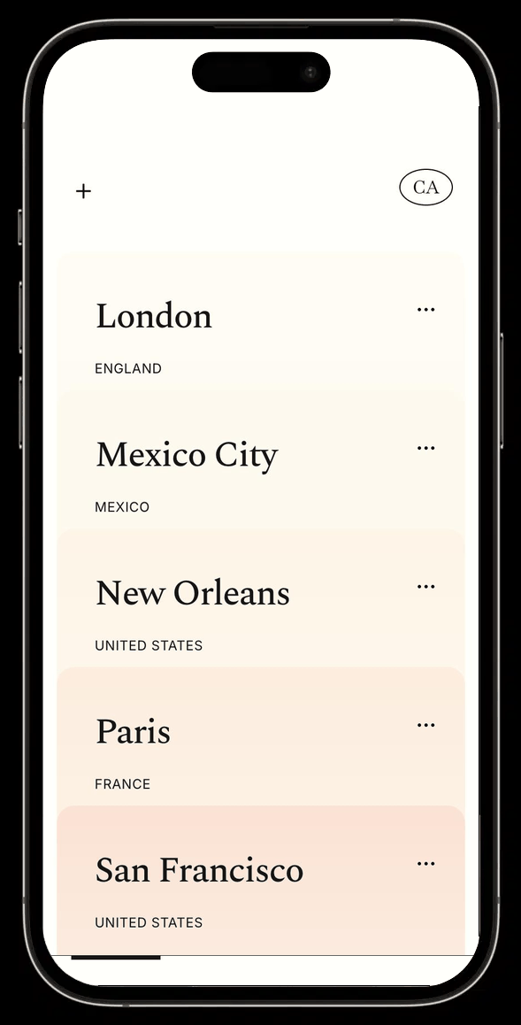 Product walkthrough: browsing saved places in a city, importing a new recommendation from pasted text, and sharing a list with a friend.